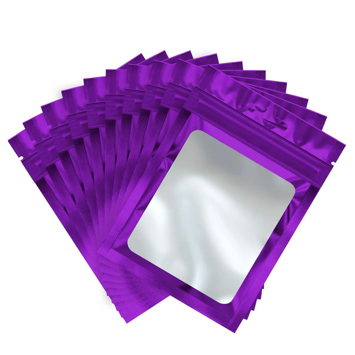 A fan-shaped purple jewelry display pouch set with a square window.