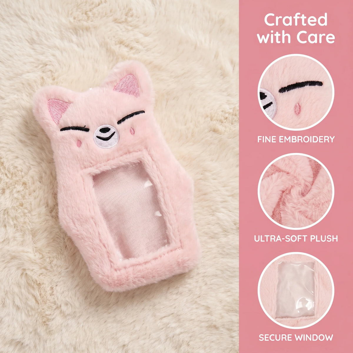 Pink cat plush doll storage bag with fine embroidery and secure window on a fluffy background