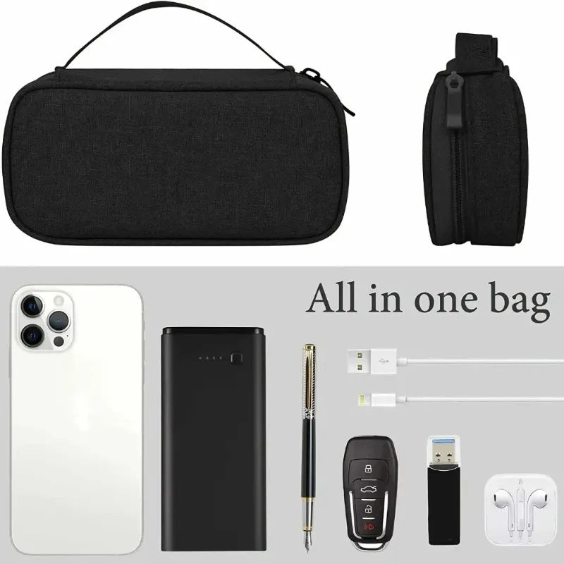A black multi-purpose travel electronics organizer bag shown next to a white smartphone and a black power bank.