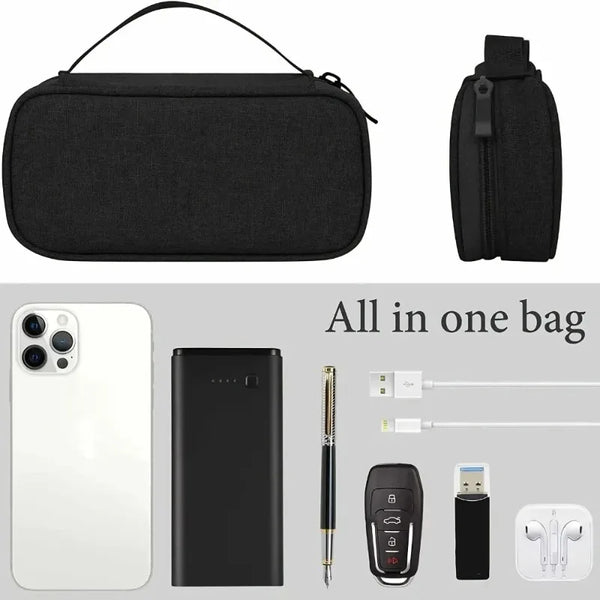 A black multi-purpose travel electronics organizer bag shown next to a white smartphone and a black power bank.