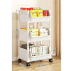 A white multi-layer portable storage rack with wheels holding various yellow and red boxes and supplies.