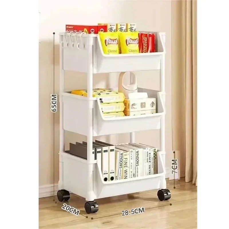 A white multi-layer portable storage rack with wheels holding various yellow and red boxes and supplies.
