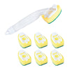 A set of yellow dish wand cleaning brushes with white heads and green bases.