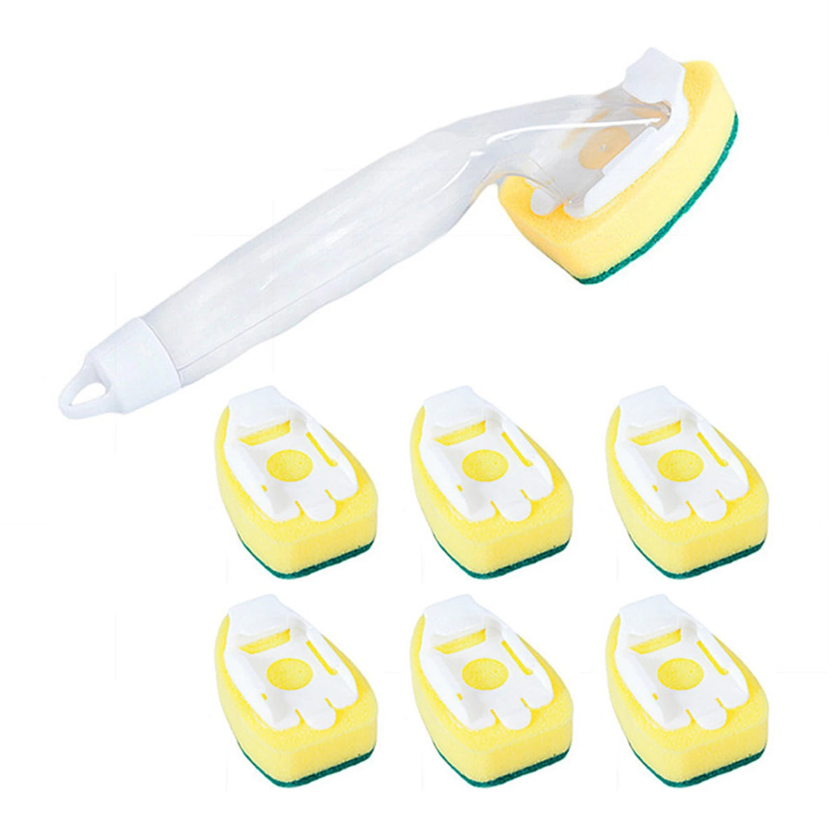 A set of yellow dish wand cleaning brushes with white heads and green bases.