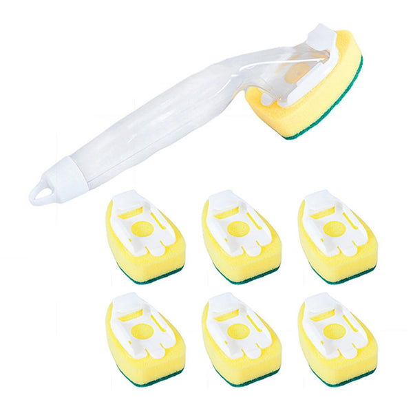 A set of yellow dish wand cleaning brushes with white heads and green bases.