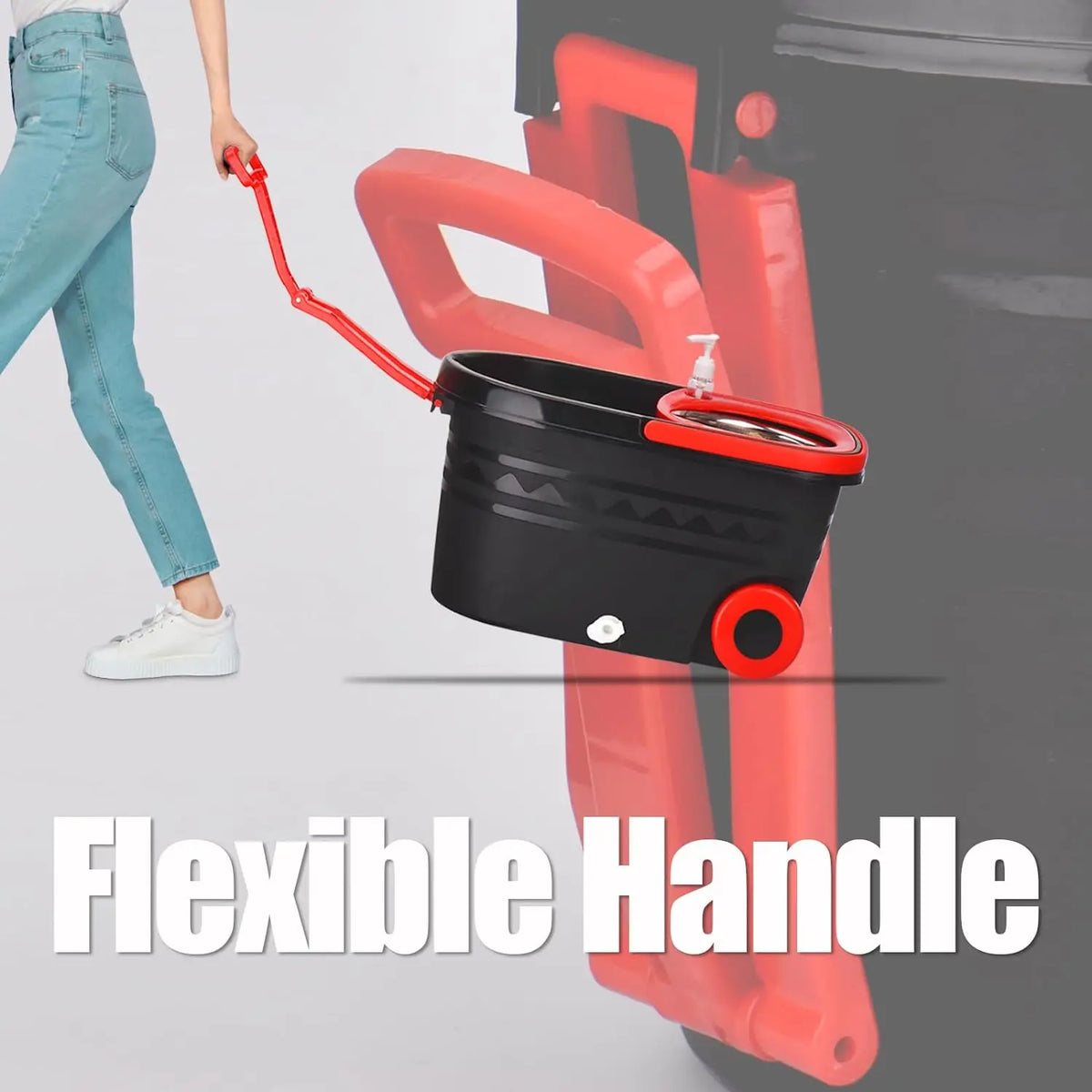 Un cubo de fregona negro con un mango rojo flexible unido a una herramienta de limpieza naranja.