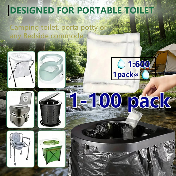 A pack of absorbent powder designed for a portable toilet or bedside commode, shown next to various related products.
