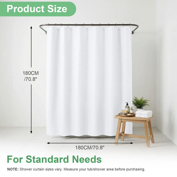 A white shower curtain measuring 180cm (70.8 inches) hanging from a metal rod.