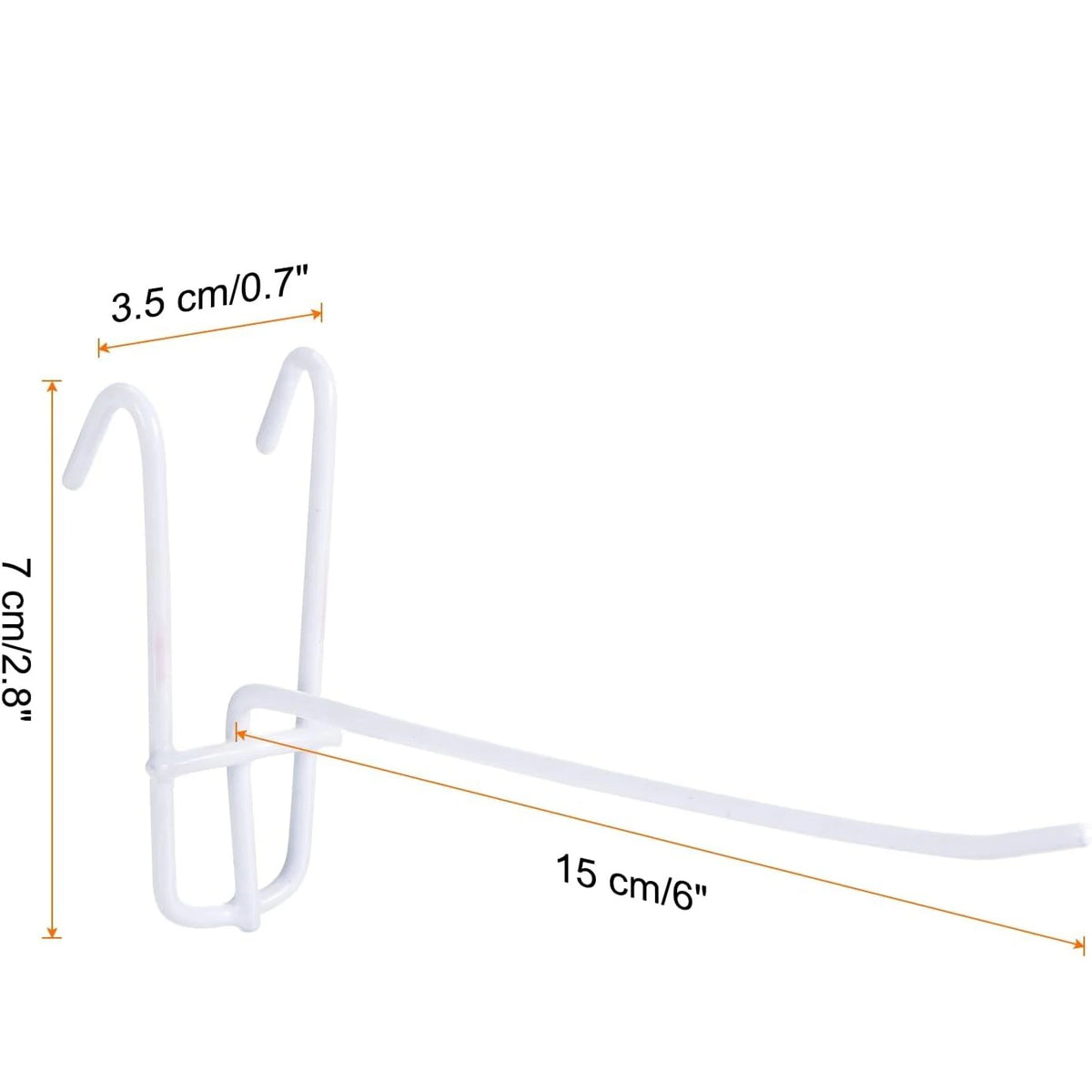 White heavy-duty mesh grid display hooks with a 15 cm length and 7 cm height