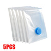 Five clear vacuum storage bags with blue hand pumps stacked together