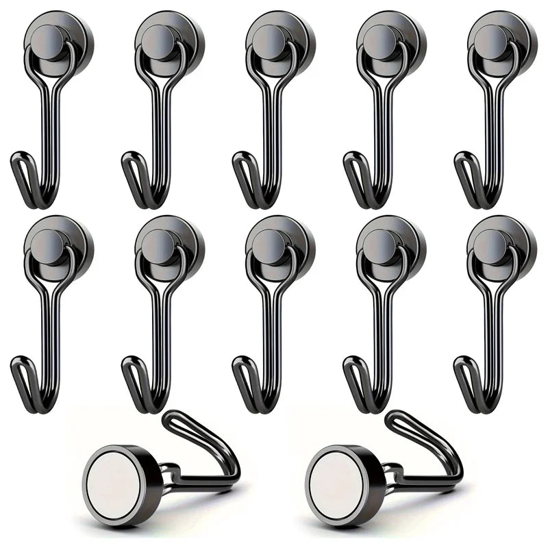 A set of heavy duty magnetic hooks in black finish, shown from various angles.