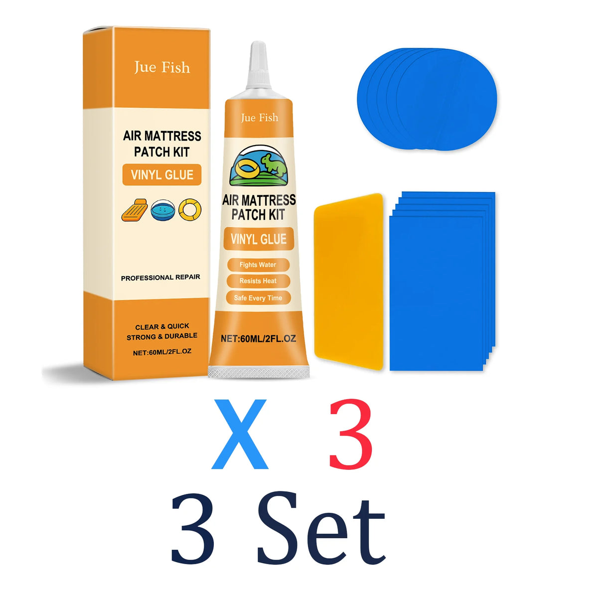 Three sets of Jue Fish Air Mattress Patch Kits with vinyl glue and repair patches.