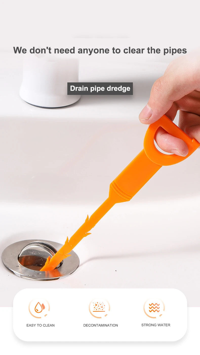 An orange drain pipe dredge tool is shown cleaning a drain, highlighting its ease of use and strong water features.