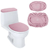 A white toilet seat with a pink cushion and two matching pink velvet protectors shown separately.