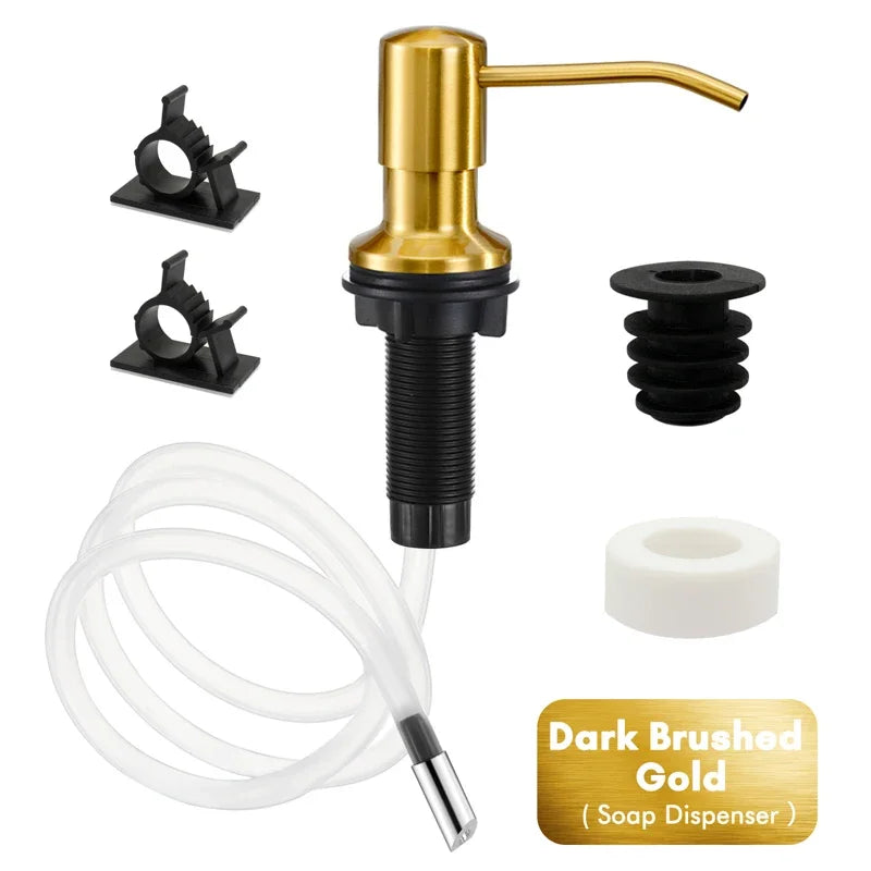 A gold liquid soap dispenser featuring a pump mechanism and a clear silicone extension tube.