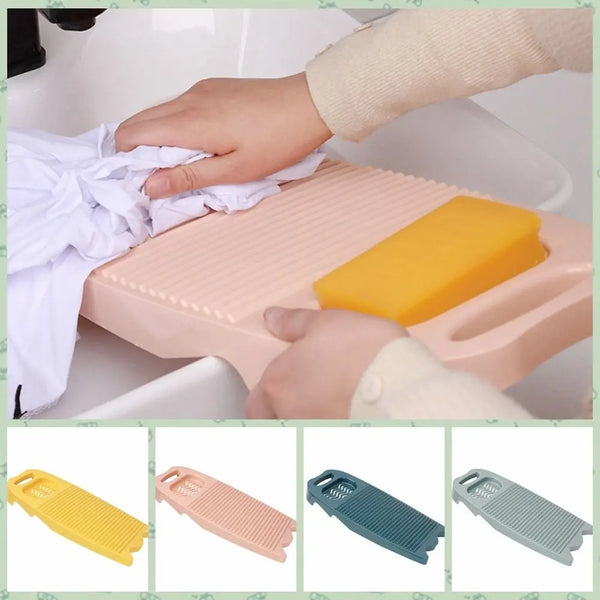 A set of durable plastic washing boards in yellow, pink, blue, and gray are shown for laundry tasks.