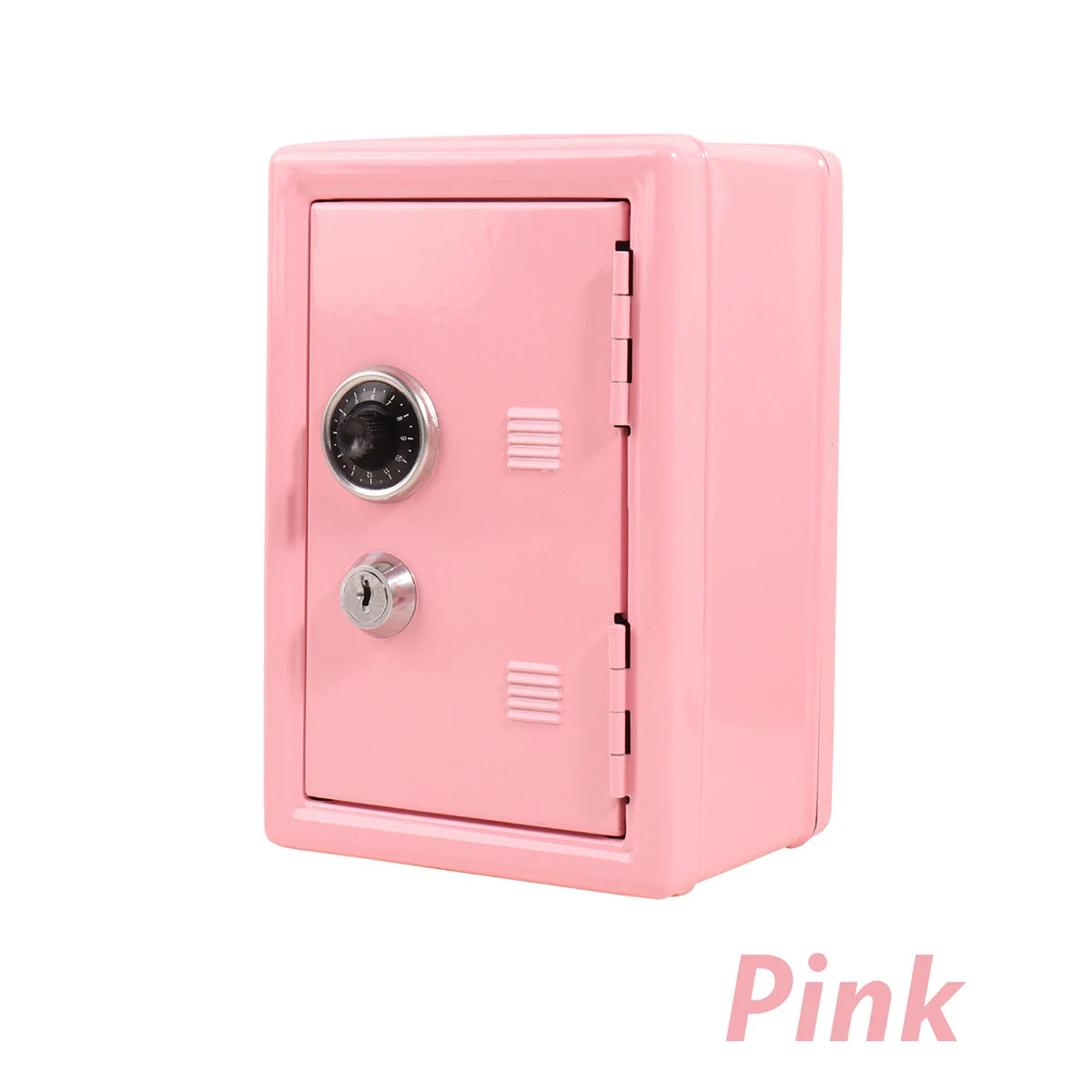 A pink solid color metal piggy bank with a combination lock and a hinged door.