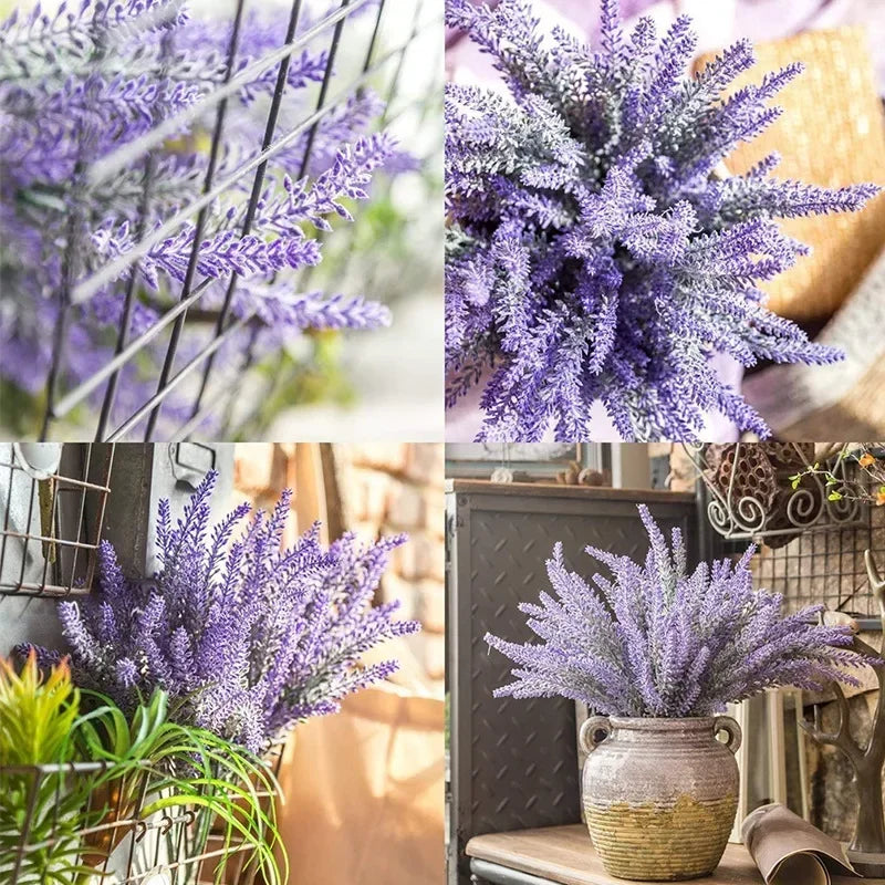 A close-up of purple artificial lavender flowers in various arrangements and potted in a rustic vase.