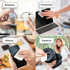 A collage showing hands cleaning various electronic devices and glasses with disposable wipes.