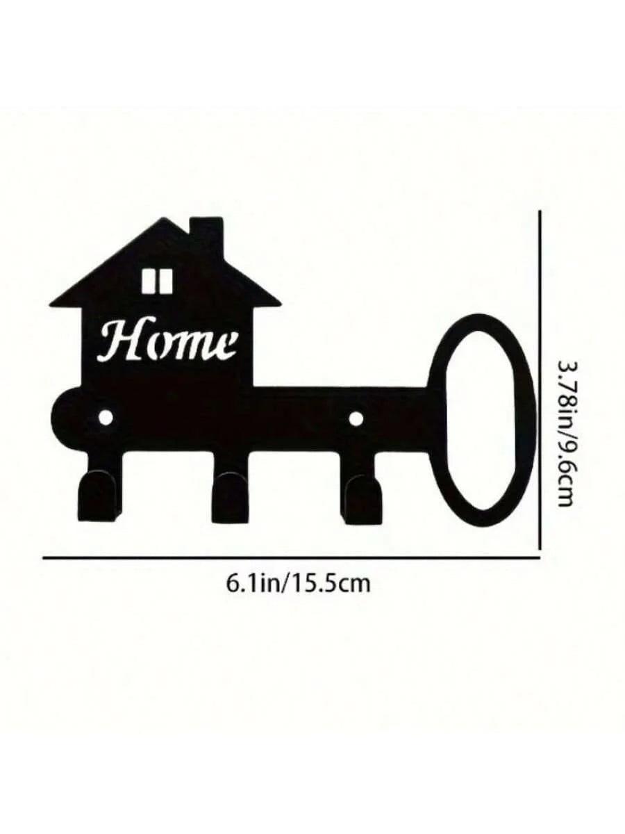 Black rustic metal wall hook key holder shaped like a house with a large loop.