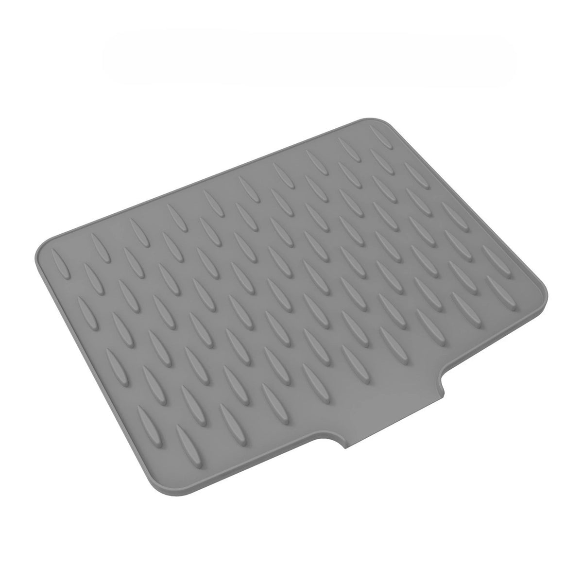A gray silicone drain mat with numerous small, oval-shaped drainage holes.