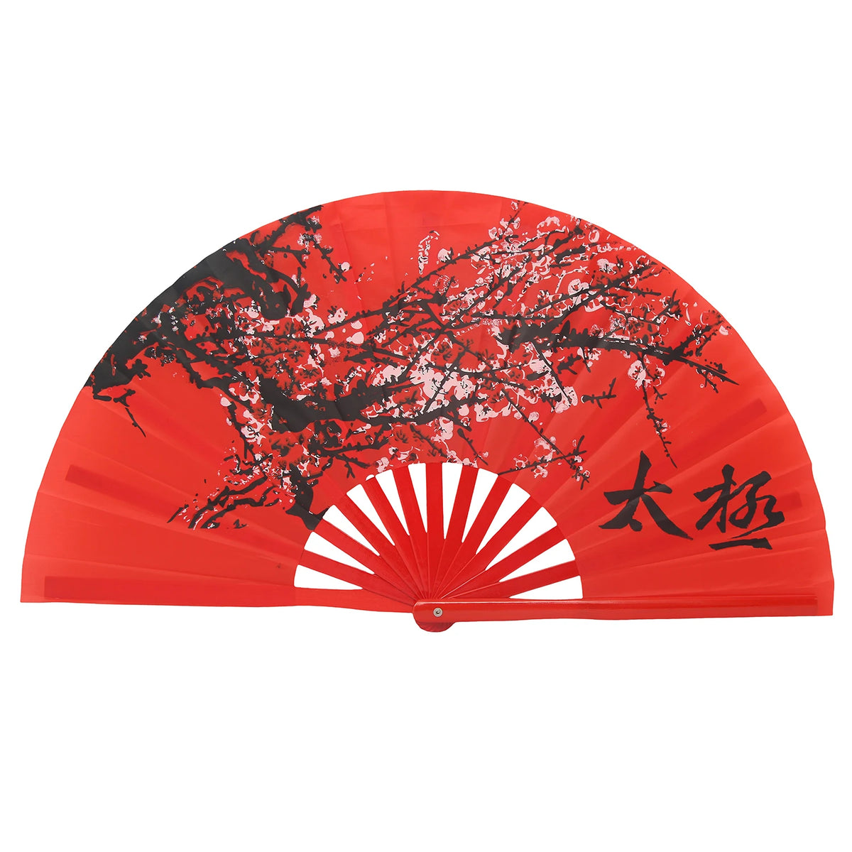 Un éventail de martial arts traditionnel en bambou rouge avec une silhouette noire d'arbre et des caractères japonais.
