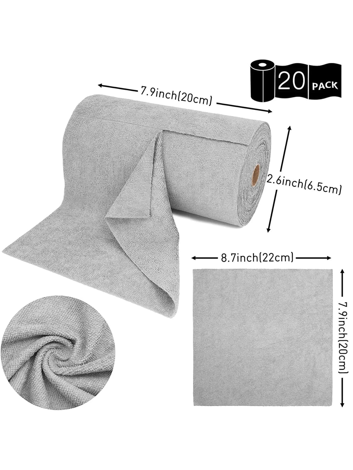 A roll of gray ultra-fine fiber tear-off towel reusable cleaning cloth with dimensions shown.