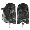 A pair of camouflage UV protection fishing sun hats for men and women shown side by side.