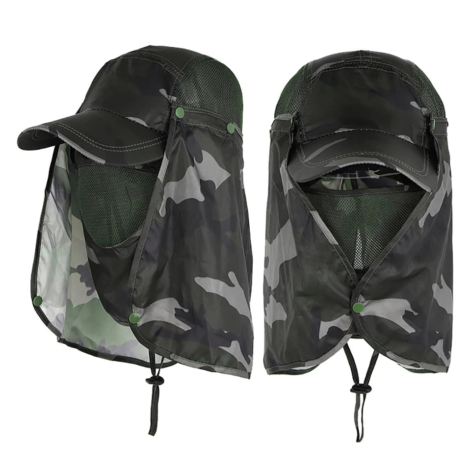 A pair of camouflage UV protection fishing sun hats for men and women shown side by side.