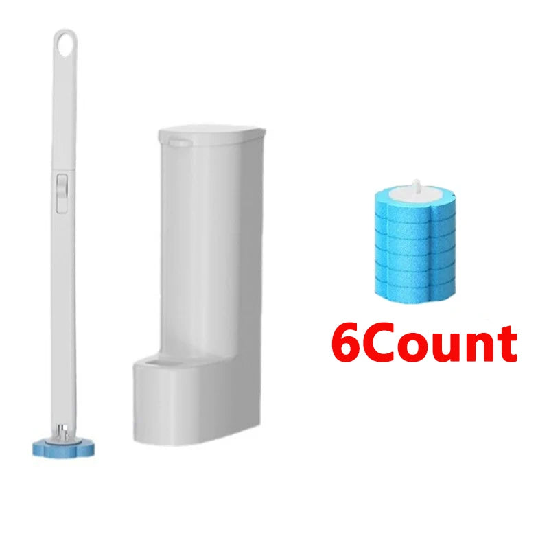 A set of six reusable blue toilet cleaning brushes stacked together.