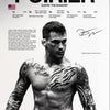 A black and white portrait of Dustin Poirier with extensive tattoos, wearing a UFC fighting shirt.