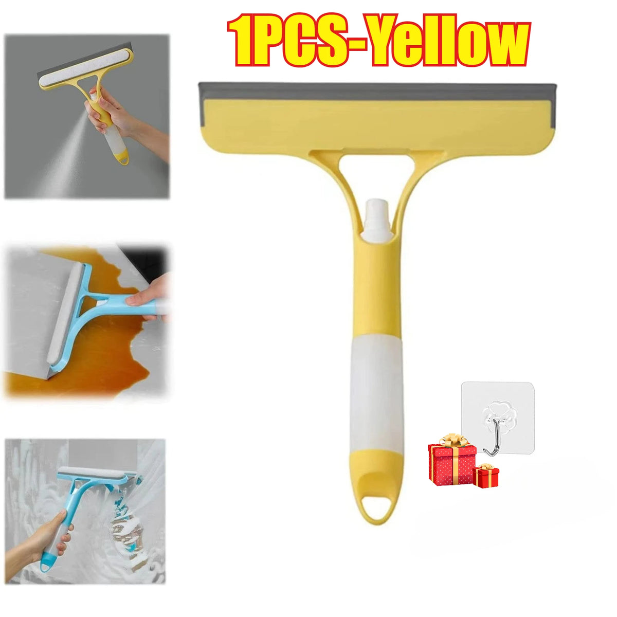 Yellow 1 piece multi-function glass cleaner and scraper tool with a handle and cleaning blade