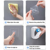 Quatre étapes montrant comment utiliser un kit de brosse pour toilette jetable fixée au mur pour le nettoyage.