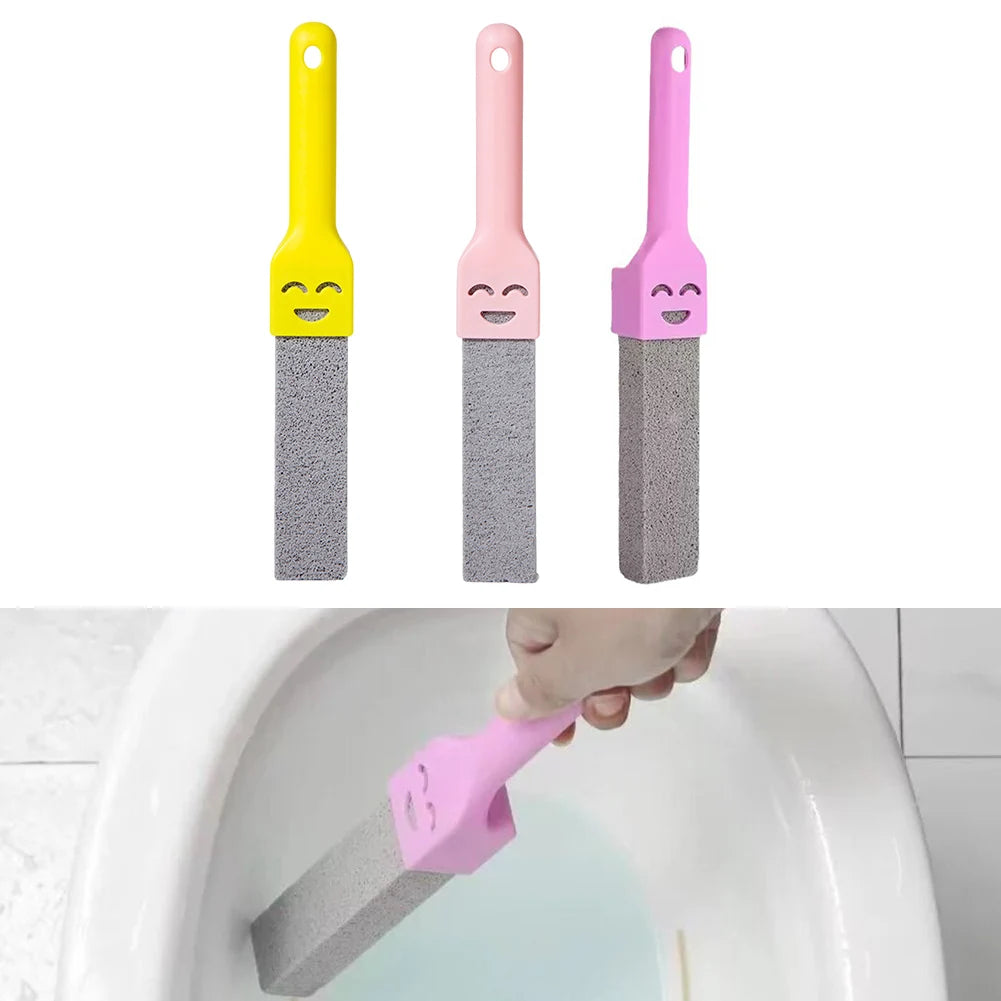 Three natural pumice toilet cleaning brushes in yellow, pink, and purple with handles