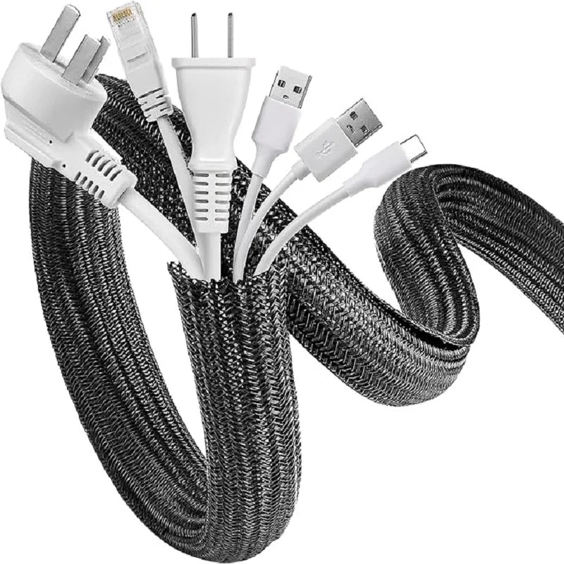 Black braided cable sleeves with various connectors and plugs for electrical protection
