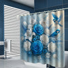 A floral shower curtain featuring blue roses, white lilies, and blue foliage for bathroom decor.