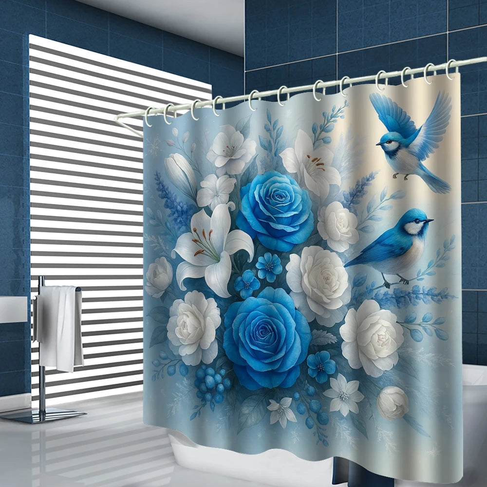 A floral shower curtain featuring blue roses, white lilies, and blue foliage for bathroom decor.