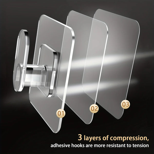 Three layers of compression adhesive hooks demonstrating resistance to tension.