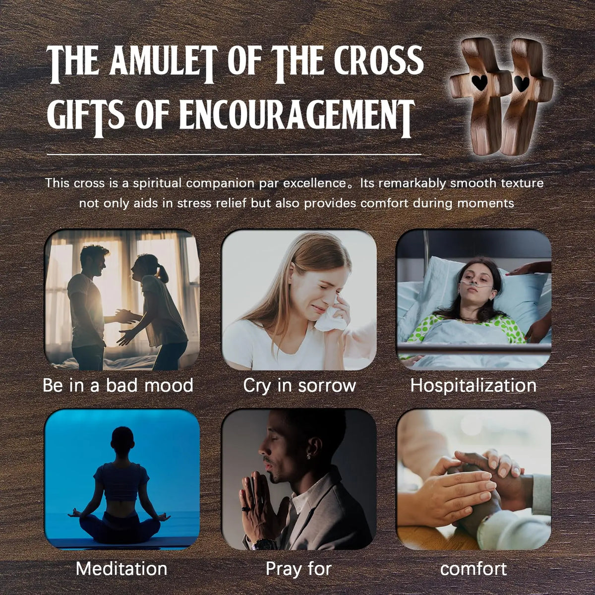 Cruz de bolsillo de madera mostrada en varios contextos como meditación, tristeza y hospitalización.