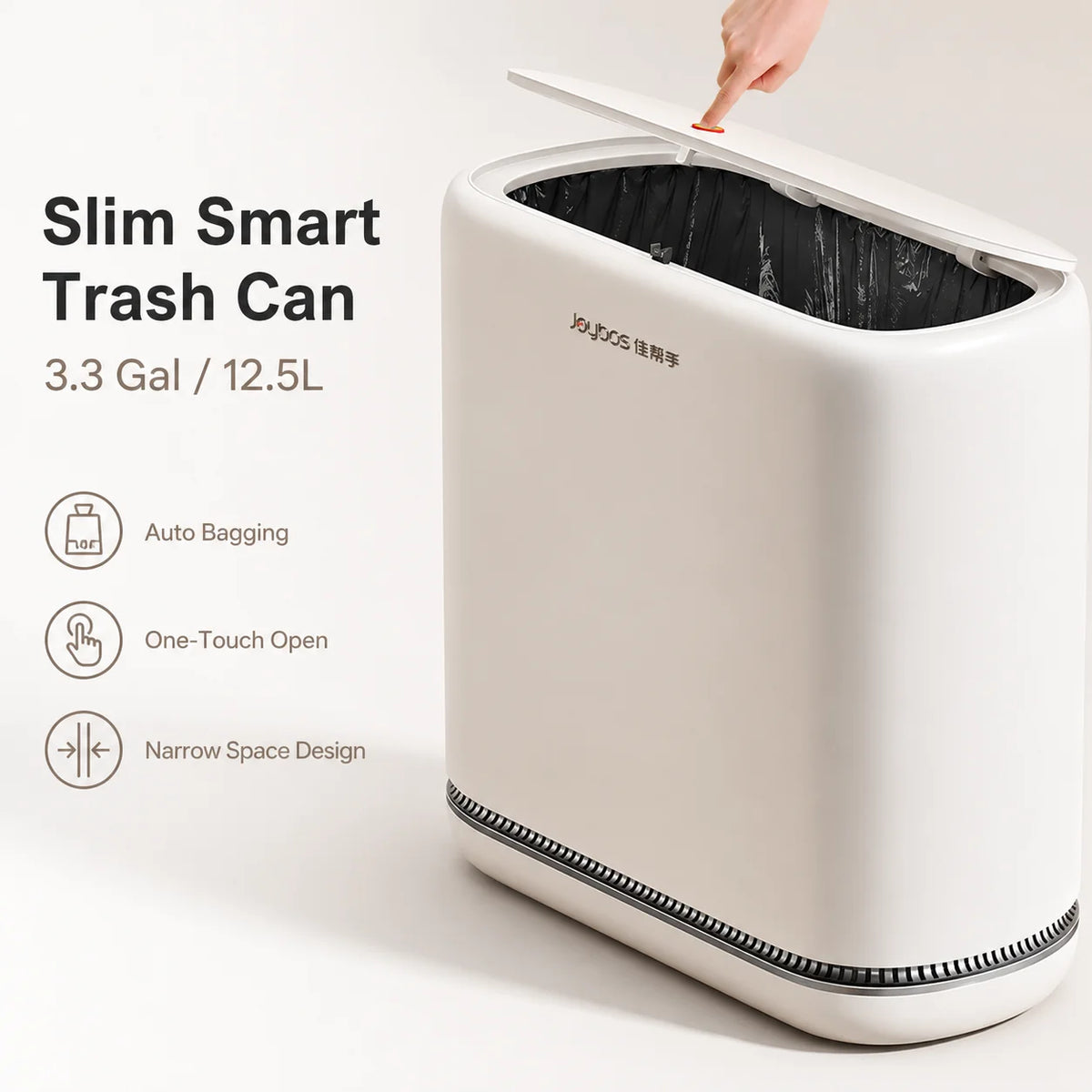 A white slim smart trash can is shown with its lid open, highlighting features like auto bagging and a narrow space design.