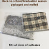 A plaid fabric travel bag is shown packaged and mailed, designed to fit all sizes of suitcases.