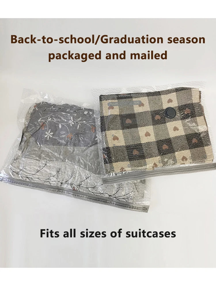 A plaid fabric travel bag is shown packaged and mailed, designed to fit all sizes of suitcases.