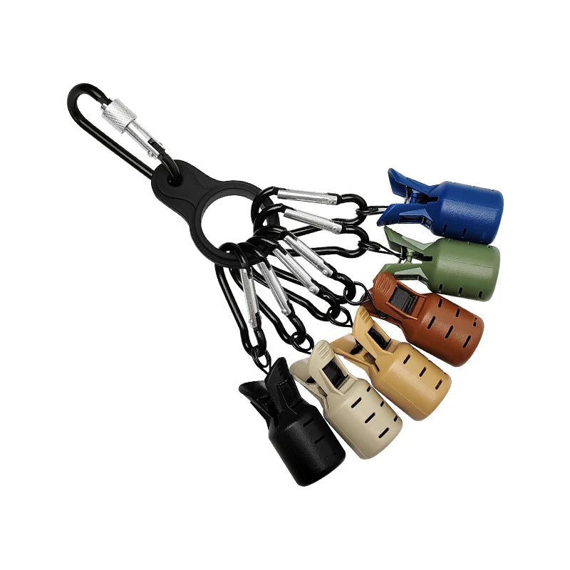 A collection of various colored octopus lure bait protectors and hooks on a black cord.