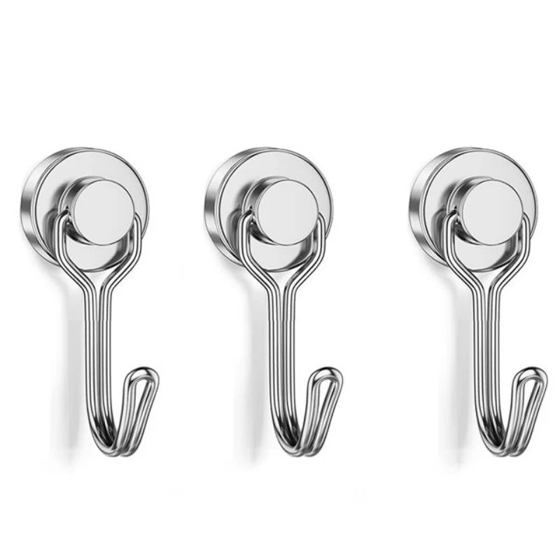 Three heavy duty magnetic hooks in silver finish showing different angles of the product.