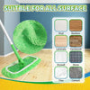 A green reusable microfiber mop cloth is shown cleaning a wooden floor surface.