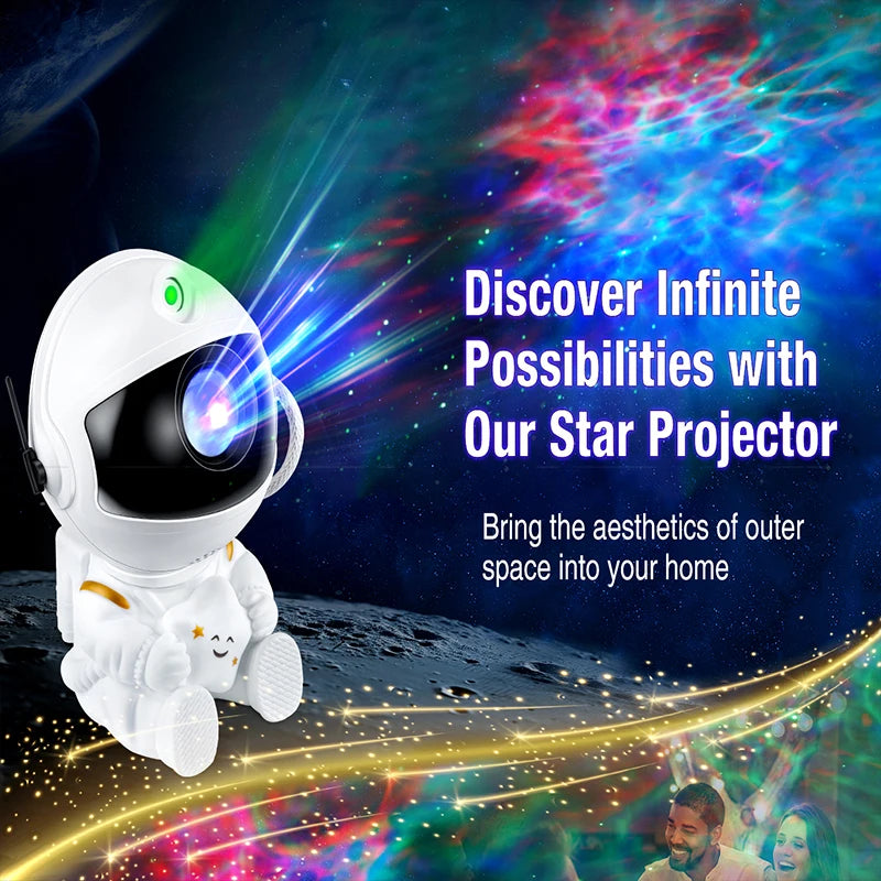 A white astronaut figure is shown next to a projector displaying colorful stars and galaxies.