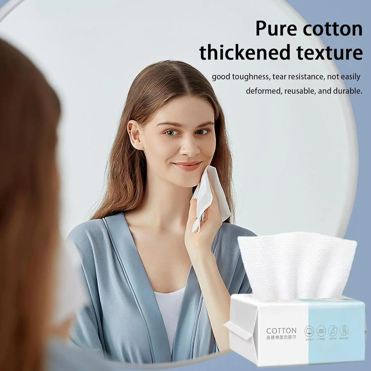 A woman is shown using a box of pure cotton thickened texture disposable facial wipes.