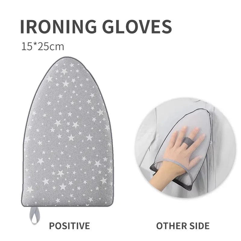 A pair of gray ironing gloves shown on a board, with one side labeled positive and the other as the other side.