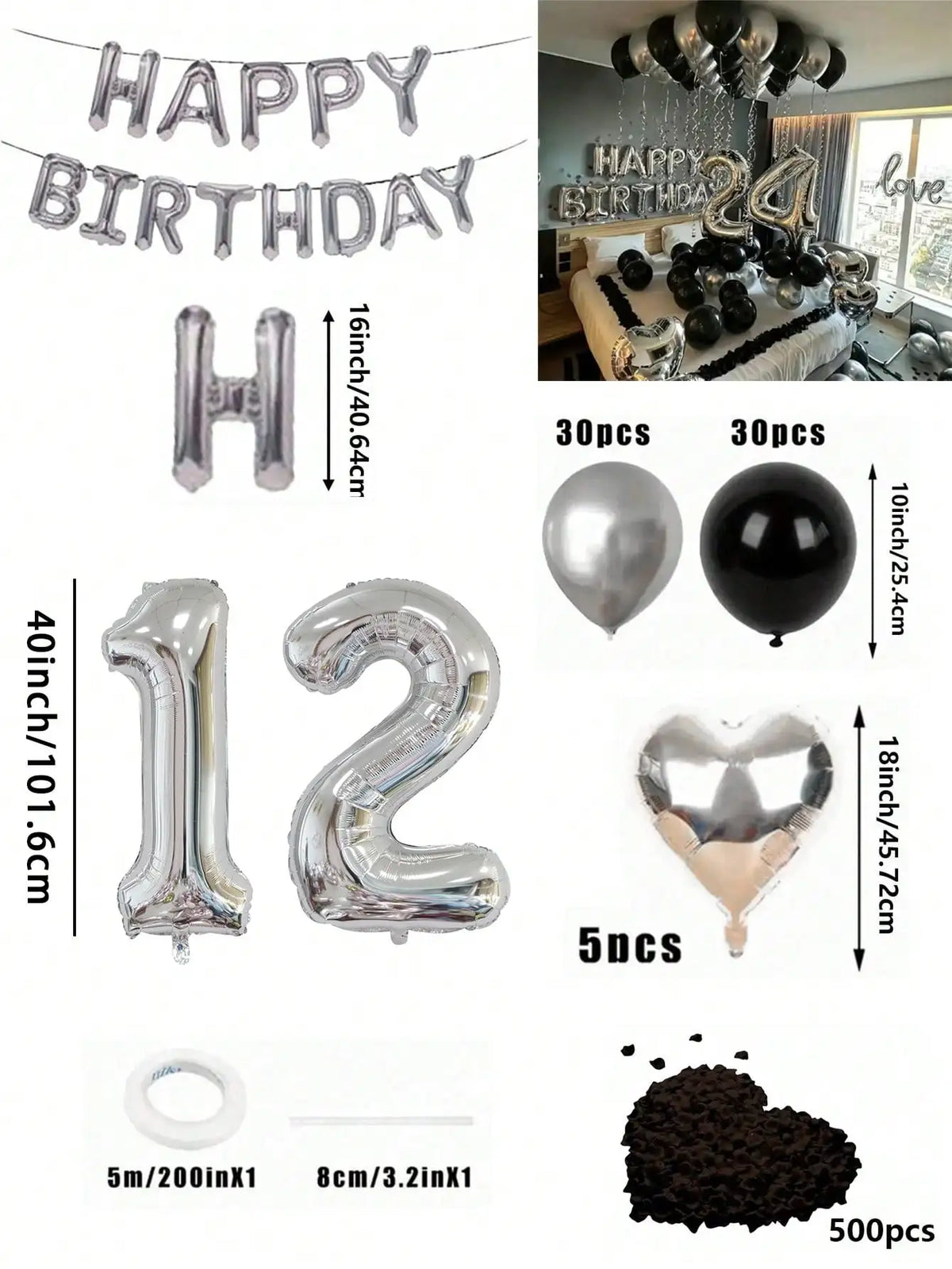 Un juego de globos con números y corazones de foil plateado y negro para decoración de cumpleaños.