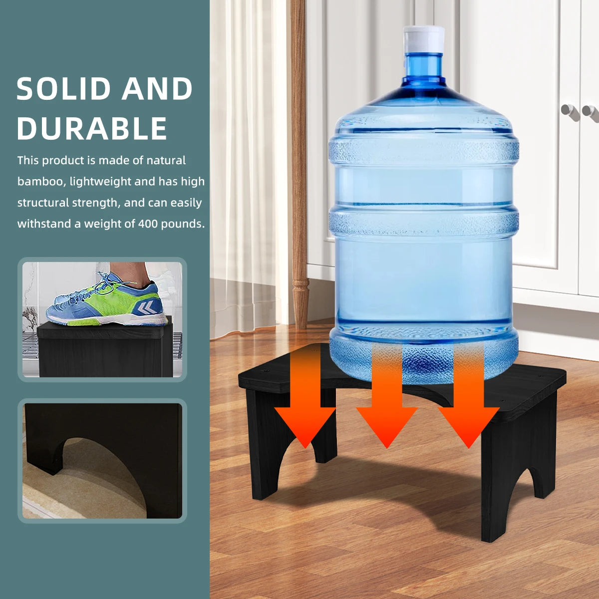 A clear plastic water bottle is placed on a black stool, demonstrating the durability of a bamboo product.